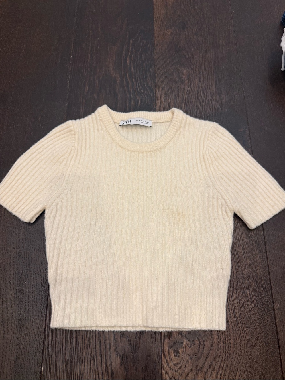 Zara Cream Ribbed Short-Sleeve Sweater XS